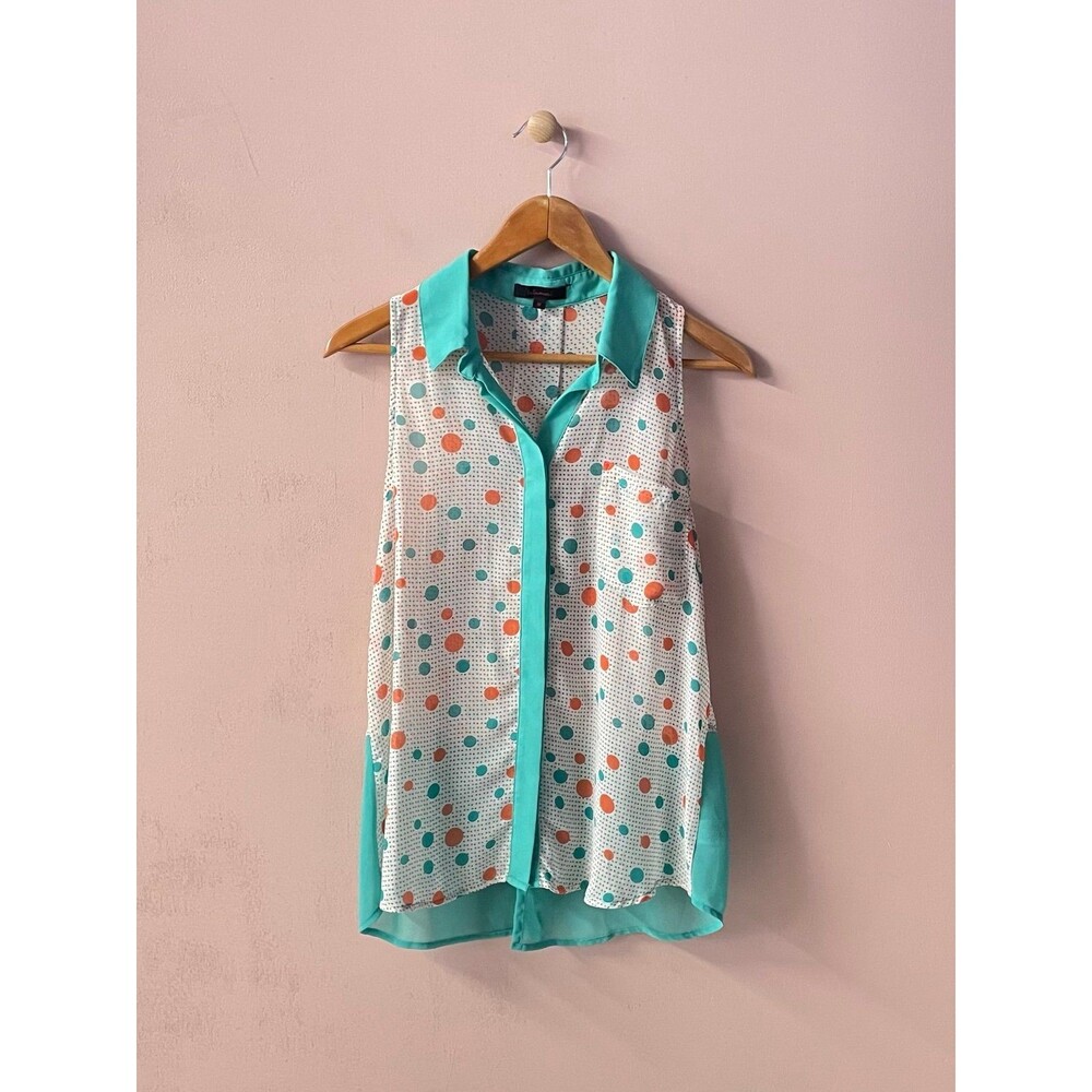 Modcloth Lulumari White Aqua & Orange Polka Dot Button Up Blouse Size M